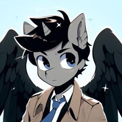 Size: 1024x1024 | Tagged: safe, ai assisted, editor:catachromatic, prompter:catachromatic, alicorn, anthro, model:dall-e 3, anime, black hair, black wings, blue eyes, castiel, clothes, colored wings, cute, ear fluff, eyebrows, generator:dalle 3, horn, male, ponified, prompt in description, shirt, solo, sparkles, spread wings, supernatural, tie, trenchcoat, wings