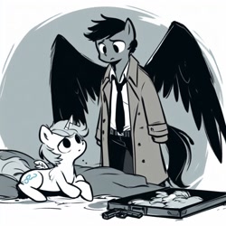 Size: 1024x1024 | Tagged: safe, ai generated, prompter:catachromatic, oc, oc:sleet, alicorn, pegasus, anthro, pony, model:dall-e 3, alicorn oc, anthro and pony, bed, belt, briefcase, castiel, clothes, colored wings, cute, duo, generator:dalle 3, gun, pants, prone, shirt, slacks, spread wings, standing, supernatural, tail, tie, trenchcoat, weapon, wings