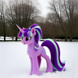 Size: 768x768 | Tagged: safe, ai generated, prompter:siber, starlight glimmer, unicorn, pony, female, generator:pony diffusion v5, generator:purplesmart.ai, generator:stable diffusion, looking sideways, mare, realistic, s5 starlight, snow, solo, standing, tree