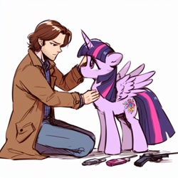 Size: 1024x1024 | Tagged: safe, ai generated, prompter:catachromatic, twilight sparkle, alicorn, human, pony, model:dall-e 3, clothes, crossover, duo, duo male and female, female, gun, human on pony petting, jacket, jeans, kneeling, male, mare, pants, petting, prompt in description, sam winchester, shirt, simple background, spread wings, supernatural, twilight sparkle (alicorn), weapon, white background, wings, wrong cutie mark