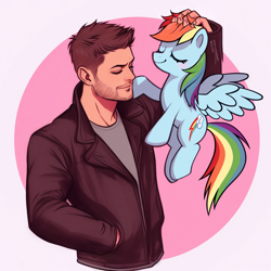 Size: 1024x1024 | Tagged: safe, ai assisted, artist:catachromatic, prompter:catachromatic, rainbow dash, human, pegasus, pony, model:dall-e 3, blushing, circle background, clothes, crossover, dean winchester, duo, duo male and female, female, flying, headpats, human on pony petting, jacket, leather, leather jacket, male, mare, overpainting, petting, spread wings, supernatural, wings