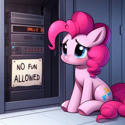Size: 1024x1024 | Tagged: safe, ai generated, prompter:siber, pinkie pie, earth pony, pony, model:dall-e 3, ai content, cute, derpibooru exclusive, diapinkes, female, generator:dall-e 3, mare, no fun allowed, sad, sadorable, server, sign, sitting, smiling, solo