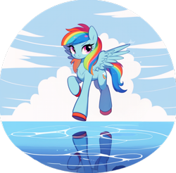 Size: 1096x1080 | Tagged: safe, ai assisted, prompter:catachromatic, rainbow dash, pegasus, pony, ai content, alternate design, cloud, colored hooves, female, flying, generator:nijijourney, mare, outdoors, reflection, reflection in water, solo, unshorn fetlocks, vignette, water